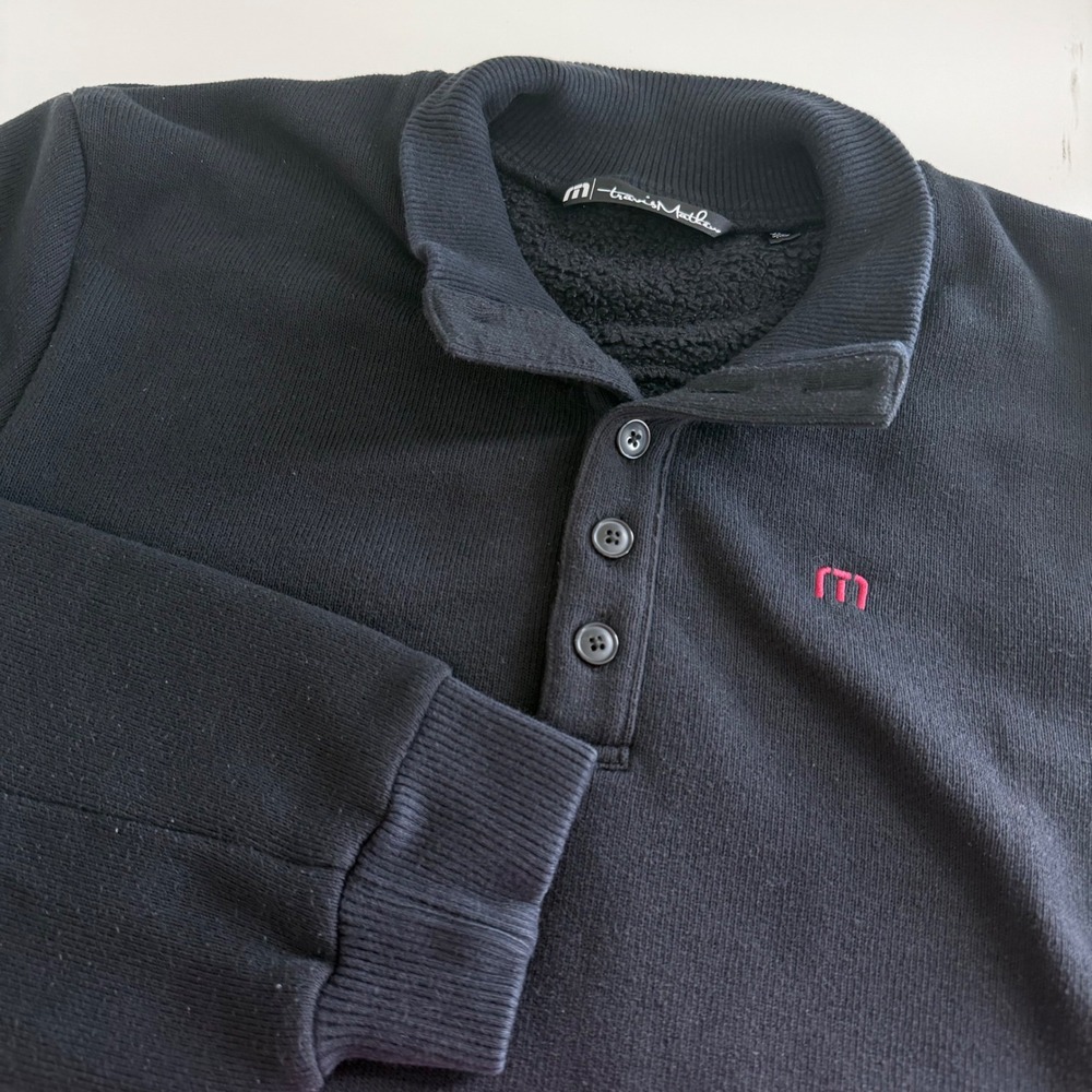 Travis Mathew Mens XL Black Sherpa Fleece Lined Quarter Button Pullover Sweater